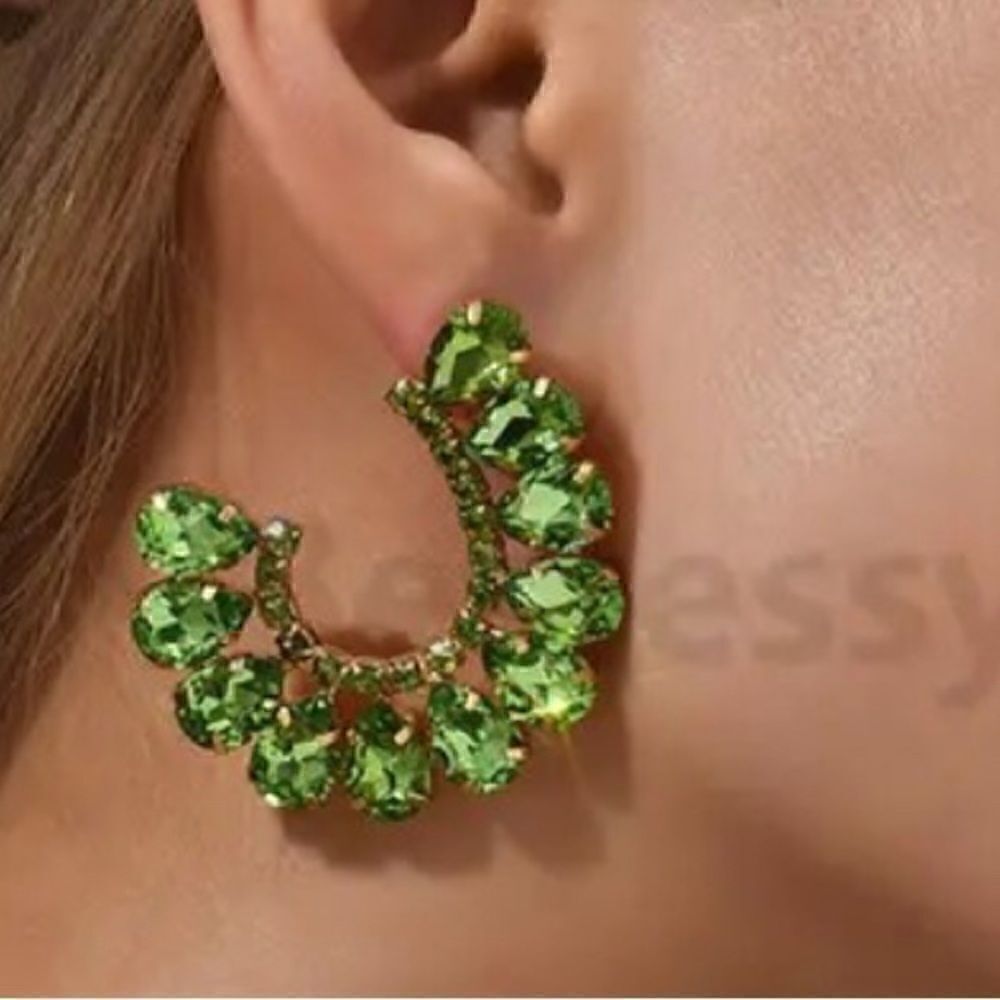 GREEN EMERALD COLORED LUXURY EARRINGS WOMEN CRYSTAL GOLD